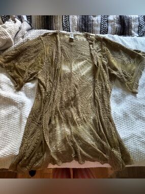 Short Sleeve Boho Embroidered Olive Green Kimono